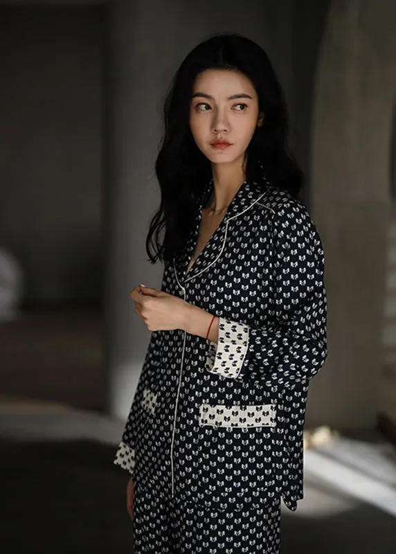 Elegant Peter Pan Collar Dot Button Ice Silk Pajamas Two Pieces Set Long Sleeve LY2819