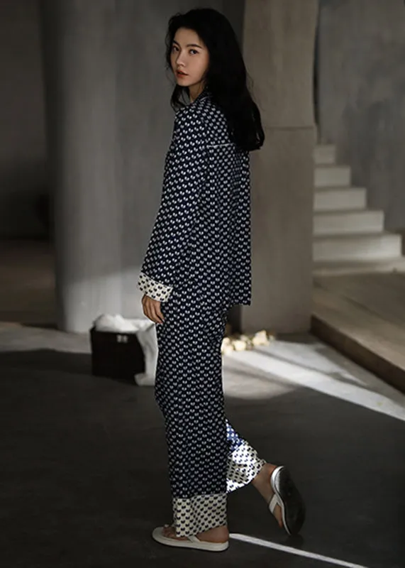 Elegant Peter Pan Collar Dot Button Ice Silk Pajamas Two Pieces Set Long Sleeve LY2819