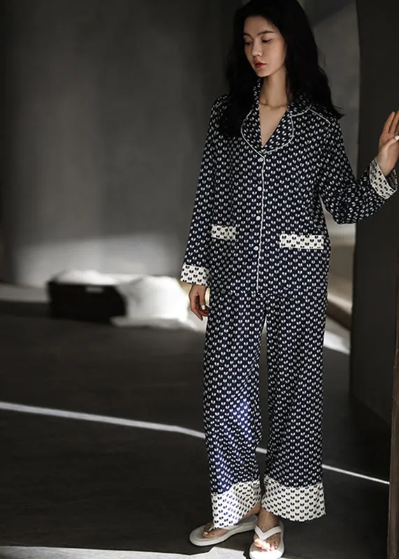 Elegant Peter Pan Collar Dot Button Ice Silk Pajamas Two Pieces Set Long Sleeve LY2819