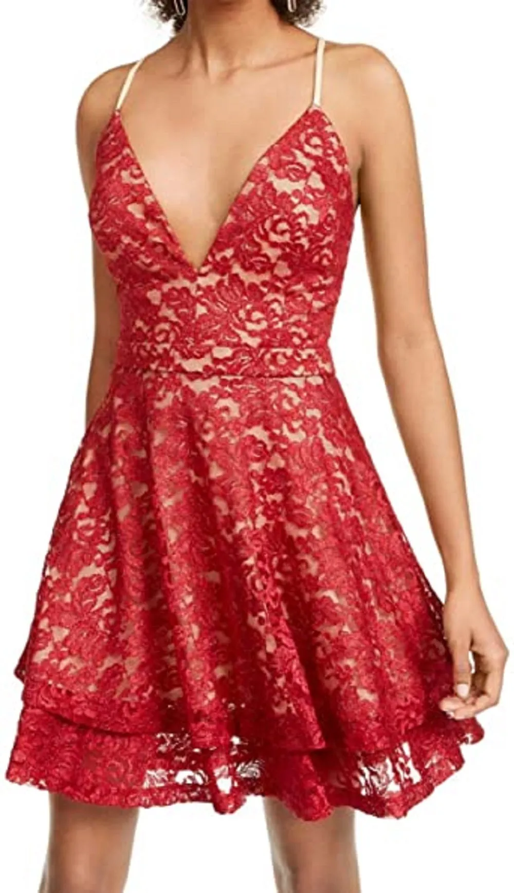 Emerald Sundae Juniors' Glitter Lace Racerback Dress Red Size Medium