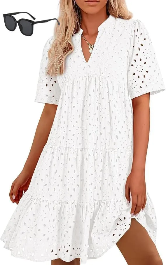 Eyelet Dress for Women 2025, Women's Elegant Hollow Out Lace Ruffle Casual Mini Dress, Summer Ruffle Hem Floral Lace Dresses