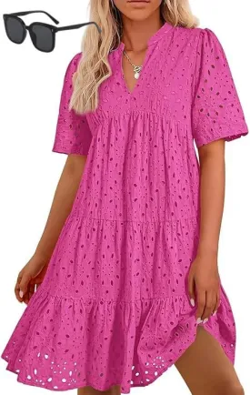 Eyelet Dress for Women 2025, Women's Elegant Hollow Out Lace Ruffle Casual Mini Dress, Summer Ruffle Hem Floral Lace Dresses