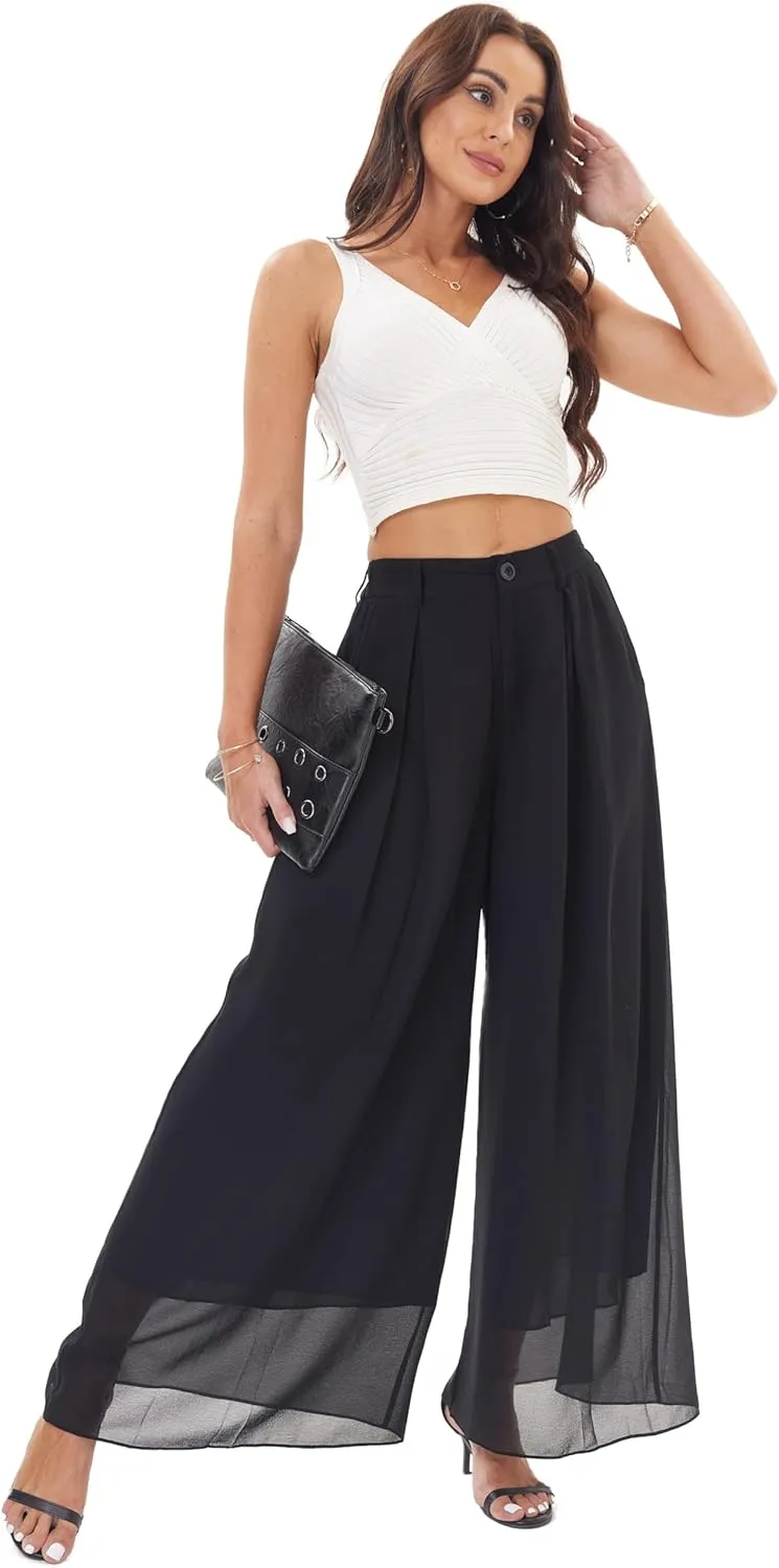 Fakanhui Palazzo Pants for Women Dressy Chiffon Wide Leg Elegant Flowy Business Work Casual Pants Trousers