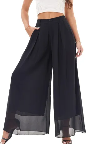 Fakanhui Palazzo Pants for Women Dressy Chiffon Wide Leg Elegant Flowy Business Work Casual Pants Trousers