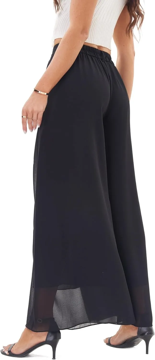 Fakanhui Palazzo Pants for Women Dressy Chiffon Wide Leg Elegant Flowy Business Work Casual Pants Trousers