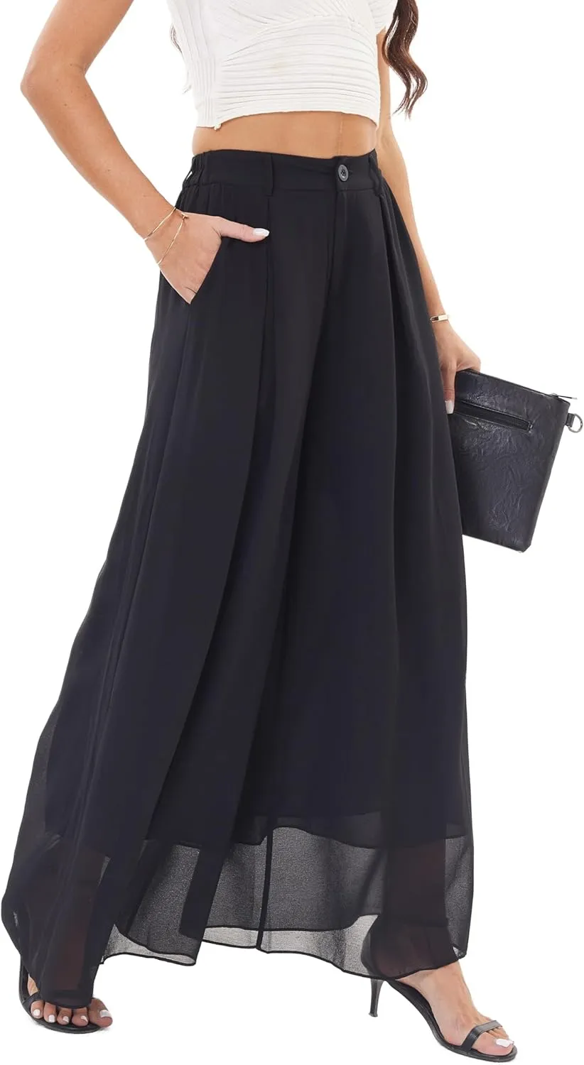 Fakanhui Palazzo Pants for Women Dressy Chiffon Wide Leg Elegant Flowy Business Work Casual Pants Trousers