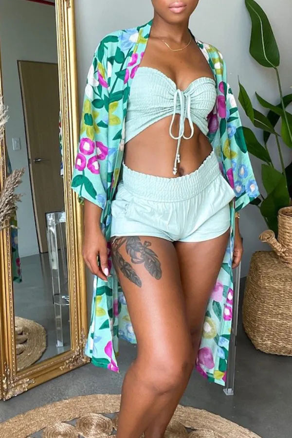 Fashionkova - Cyan Casual Print Patchwork Outerwear