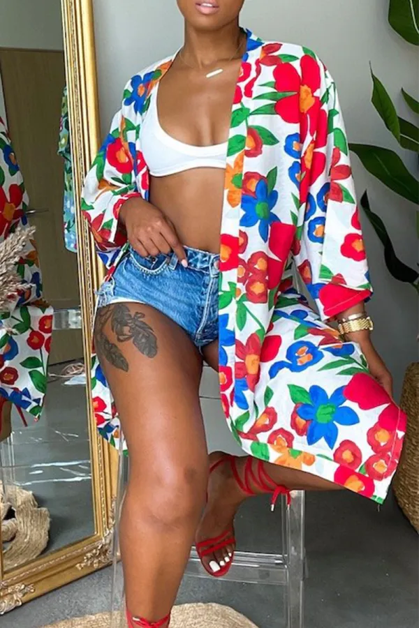 Fashionkova - Cyan Casual Print Patchwork Outerwear