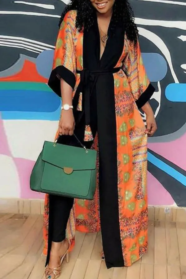 Fashionkova - Tangerine Casual Print Bandage Patchwork Outerwear