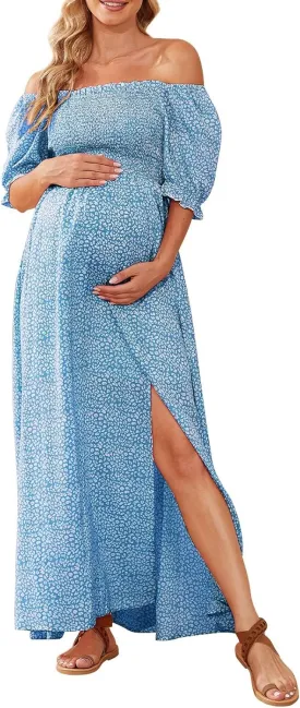 Floral Maternity Dress Square Neck Puff Sleeve Smocked Boho Photoshoot Baby Shower Pregnancy Dresses