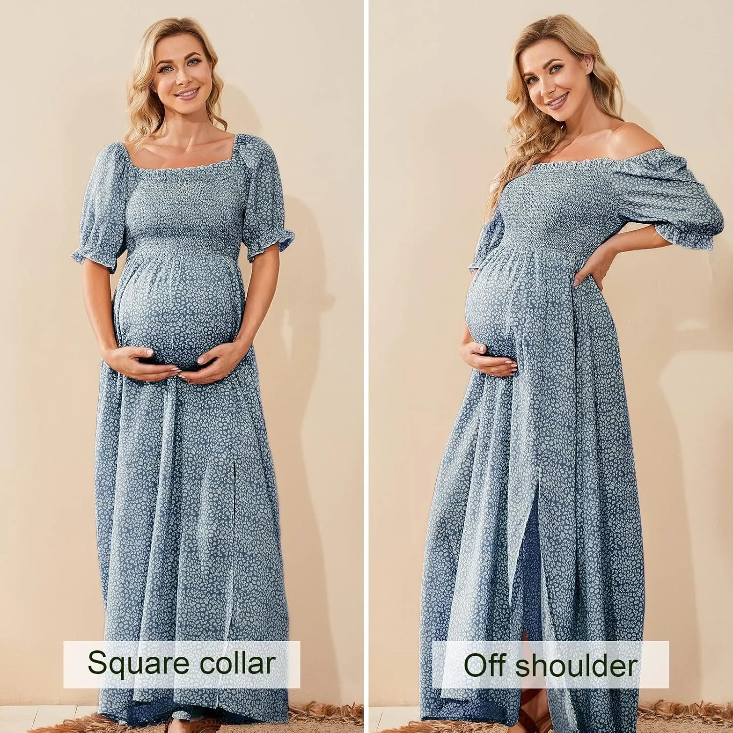 Floral Maternity Dress Square Neck Puff Sleeve Smocked Boho Photoshoot Baby Shower Pregnancy Dresses