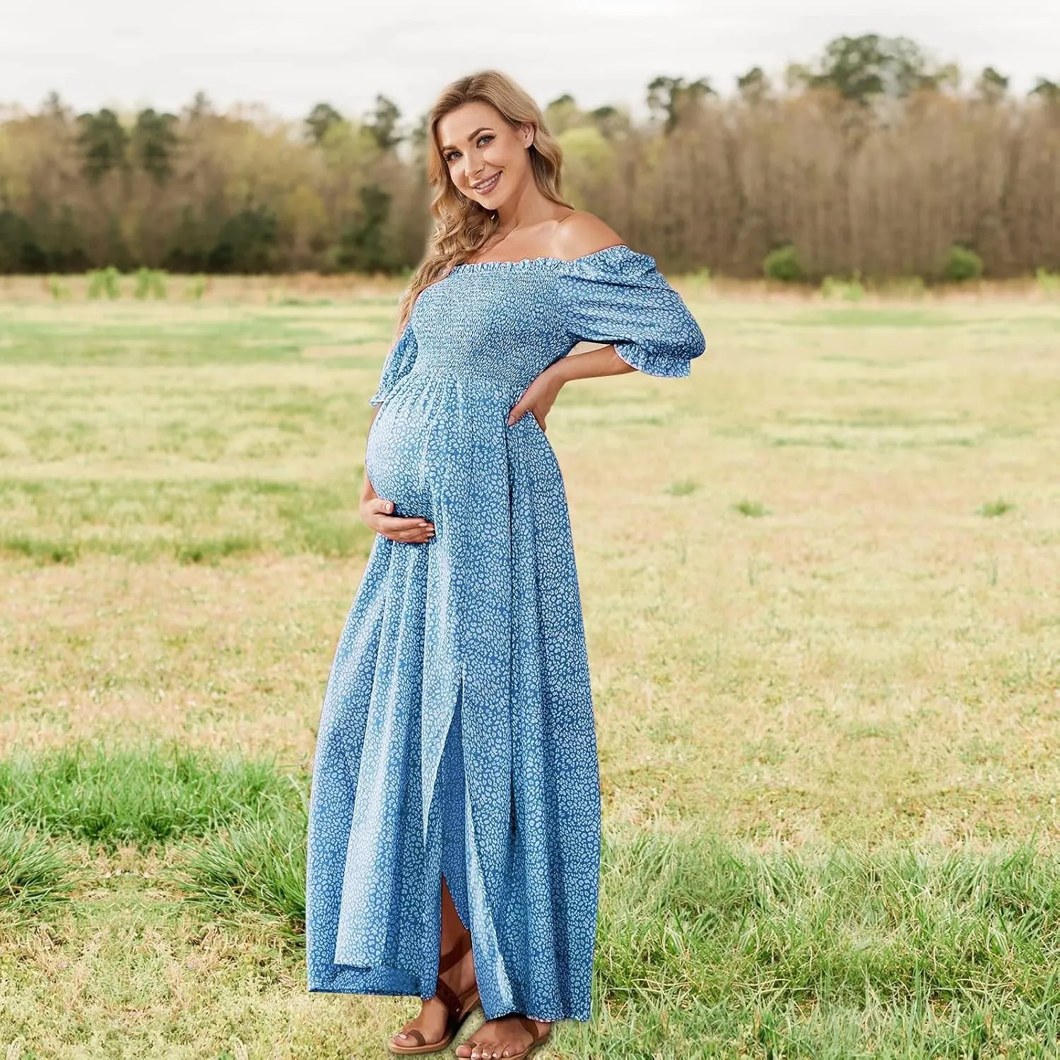 Floral Maternity Dress Square Neck Puff Sleeve Smocked Boho Photoshoot Baby Shower Pregnancy Dresses