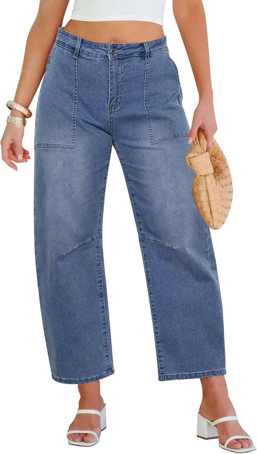 GRAPENT Barrel Jeans for Women High Waisted Trendy Wide Leg Baggy Ankle Length Stretchy Denim Trouser Jeans with Pockets