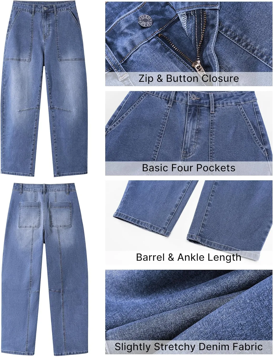 GRAPENT Barrel Jeans for Women High Waisted Trendy Wide Leg Baggy Ankle Length Stretchy Denim Trouser Jeans with Pockets