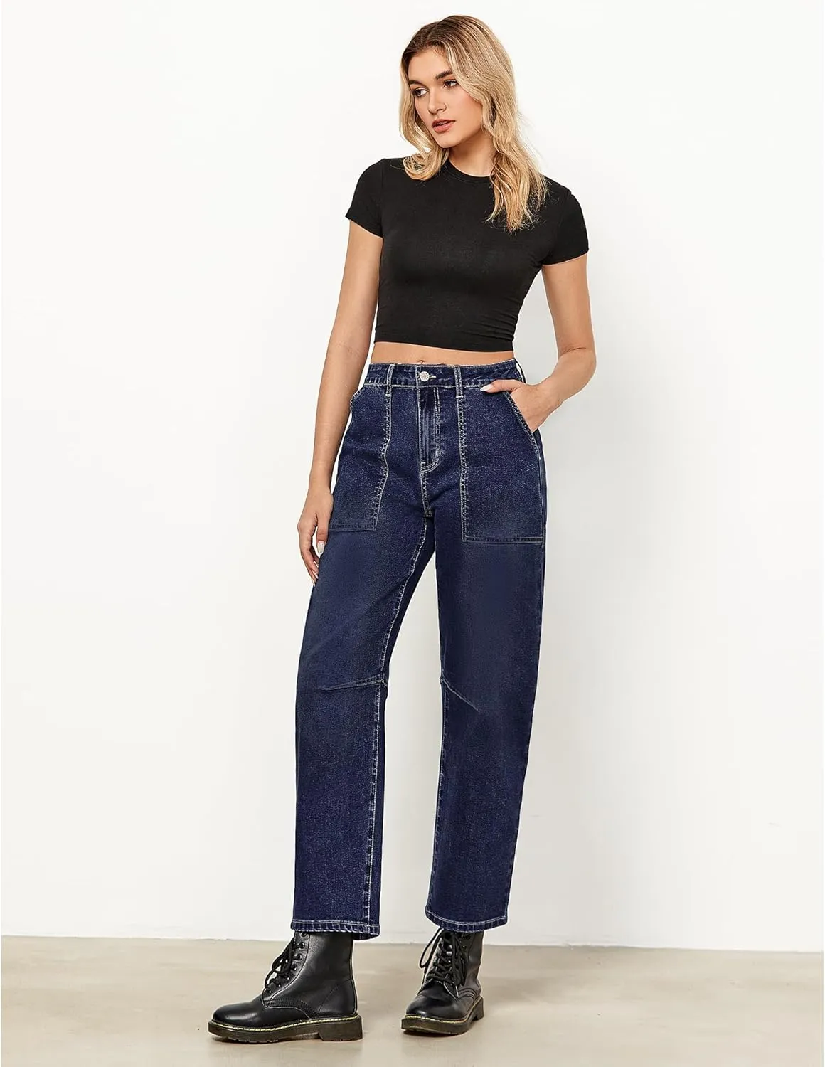 GRAPENT Barrel Jeans for Women High Waisted Trendy Wide Leg Baggy Ankle Length Stretchy Denim Trouser Jeans with Pockets
