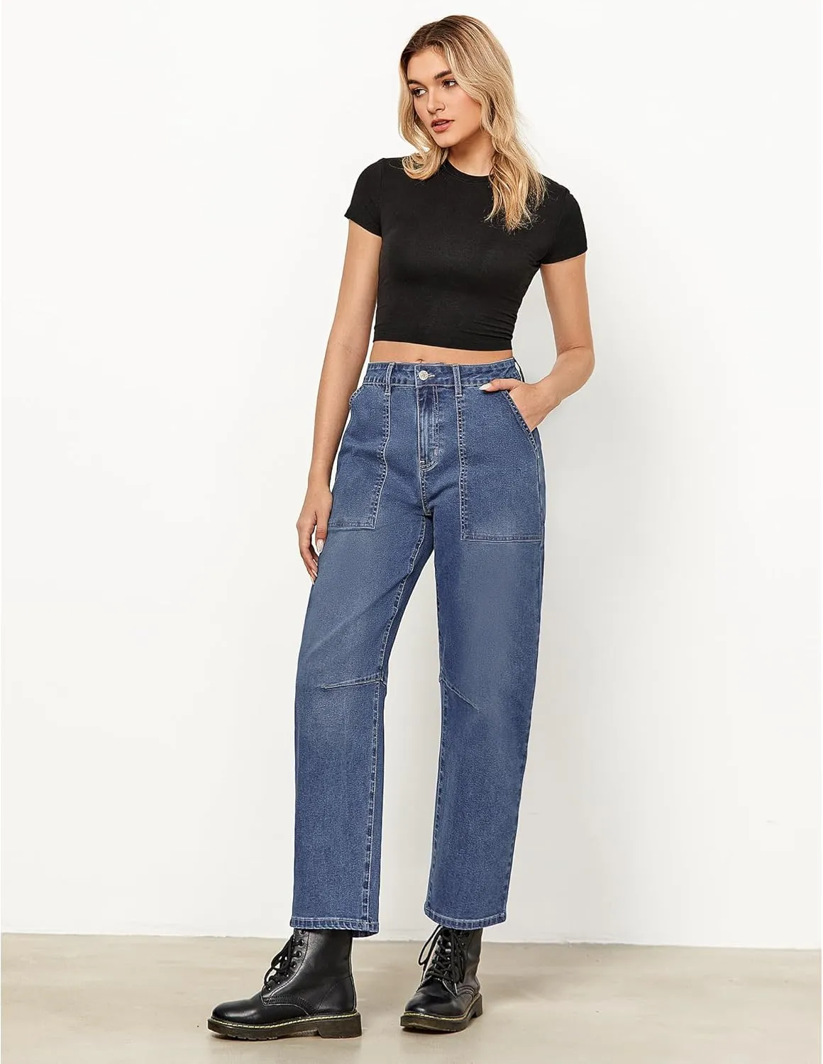 GRAPENT Barrel Jeans for Women High Waisted Trendy Wide Leg Baggy Ankle Length Stretchy Denim Trouser Jeans with Pockets