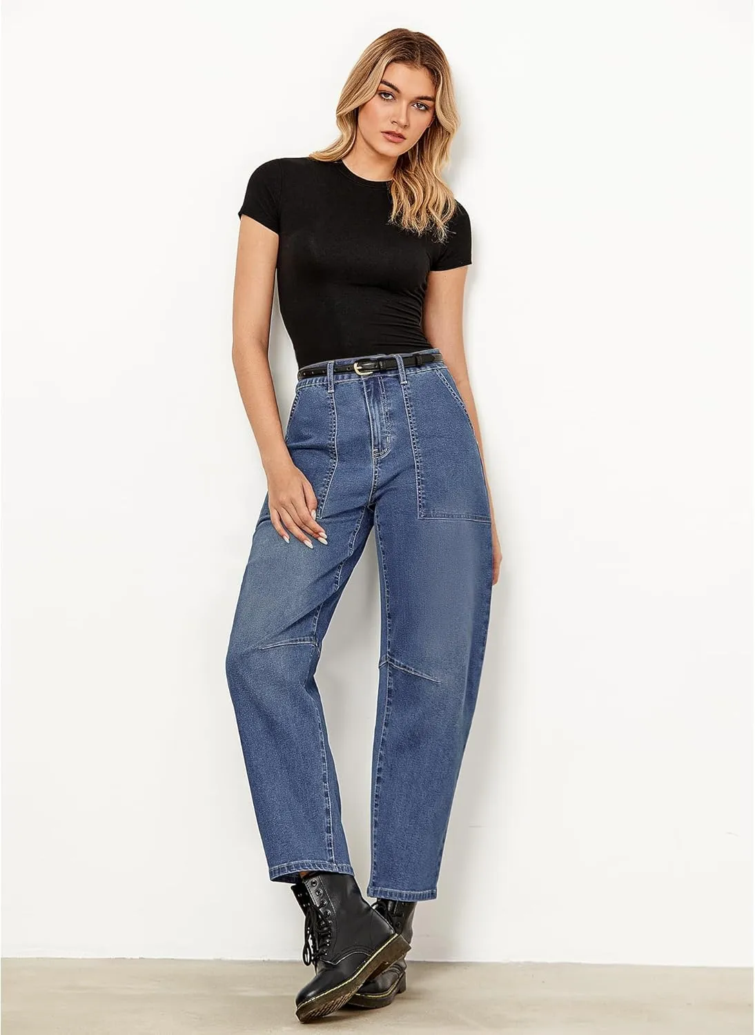 GRAPENT Barrel Jeans for Women High Waisted Trendy Wide Leg Baggy Ankle Length Stretchy Denim Trouser Jeans with Pockets