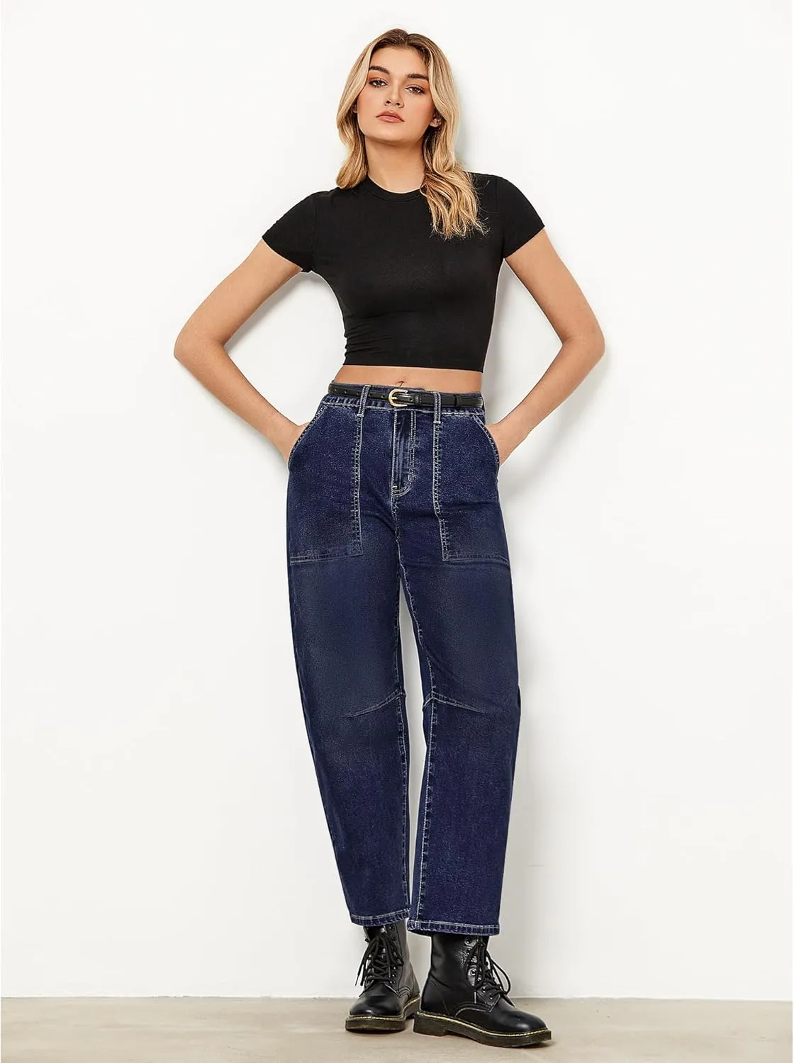 GRAPENT Barrel Jeans for Women High Waisted Trendy Wide Leg Baggy Ankle Length Stretchy Denim Trouser Jeans with Pockets