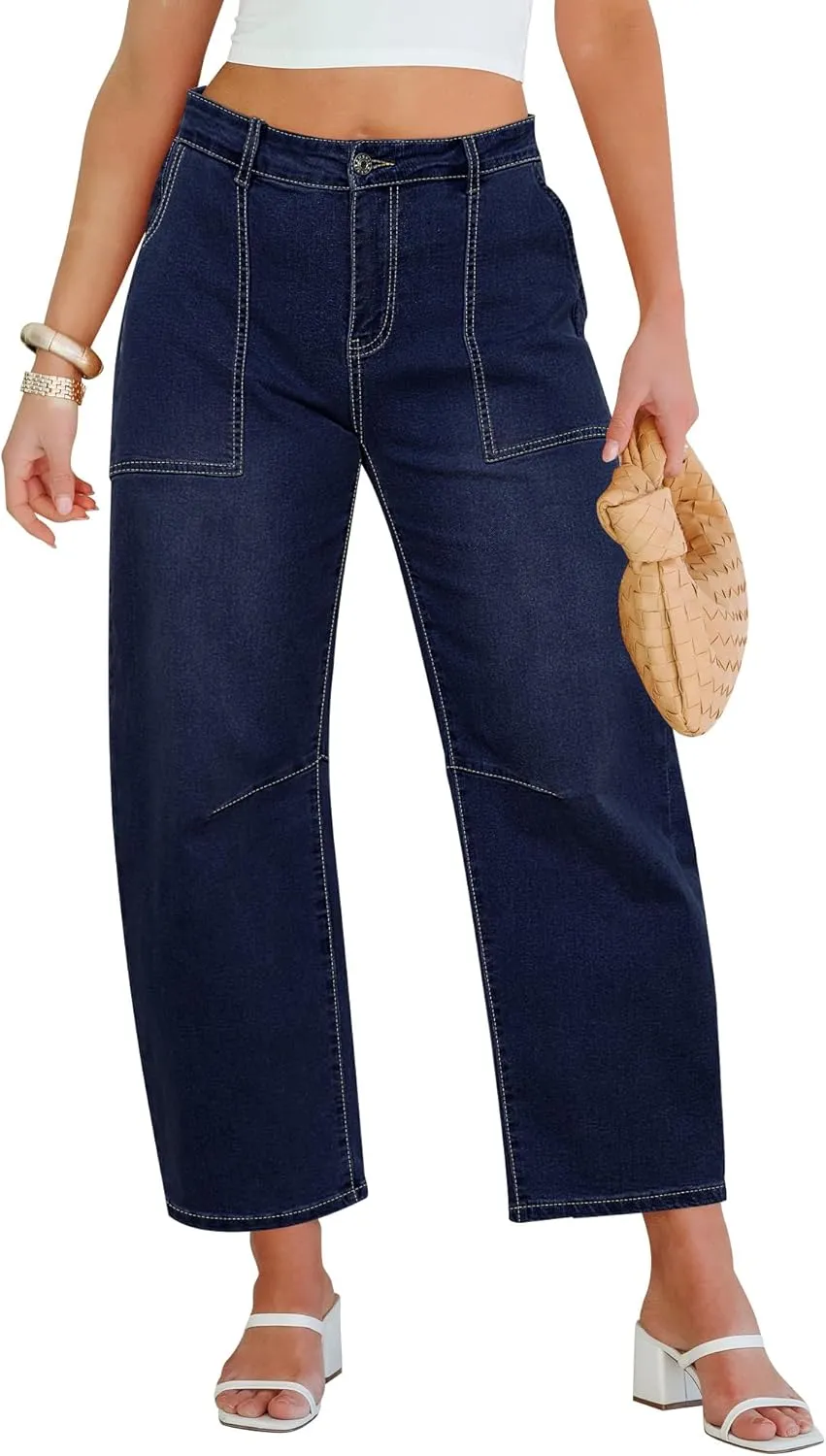 GRAPENT Barrel Jeans for Women High Waisted Trendy Wide Leg Baggy Ankle Length Stretchy Denim Trouser Jeans with Pockets