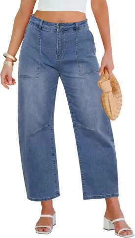 GRAPENT Barrel Jeans for Women High Waisted Trendy Wide Leg Baggy Ankle Length Stretchy Denim Trouser Jeans with Pockets