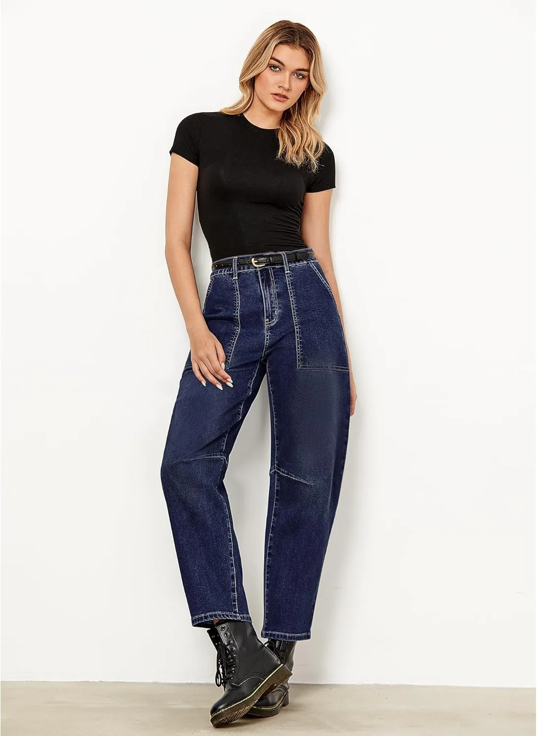 GRAPENT Barrel Jeans for Women High Waisted Trendy Wide Leg Baggy Ankle Length Stretchy Denim Trouser Jeans with Pockets