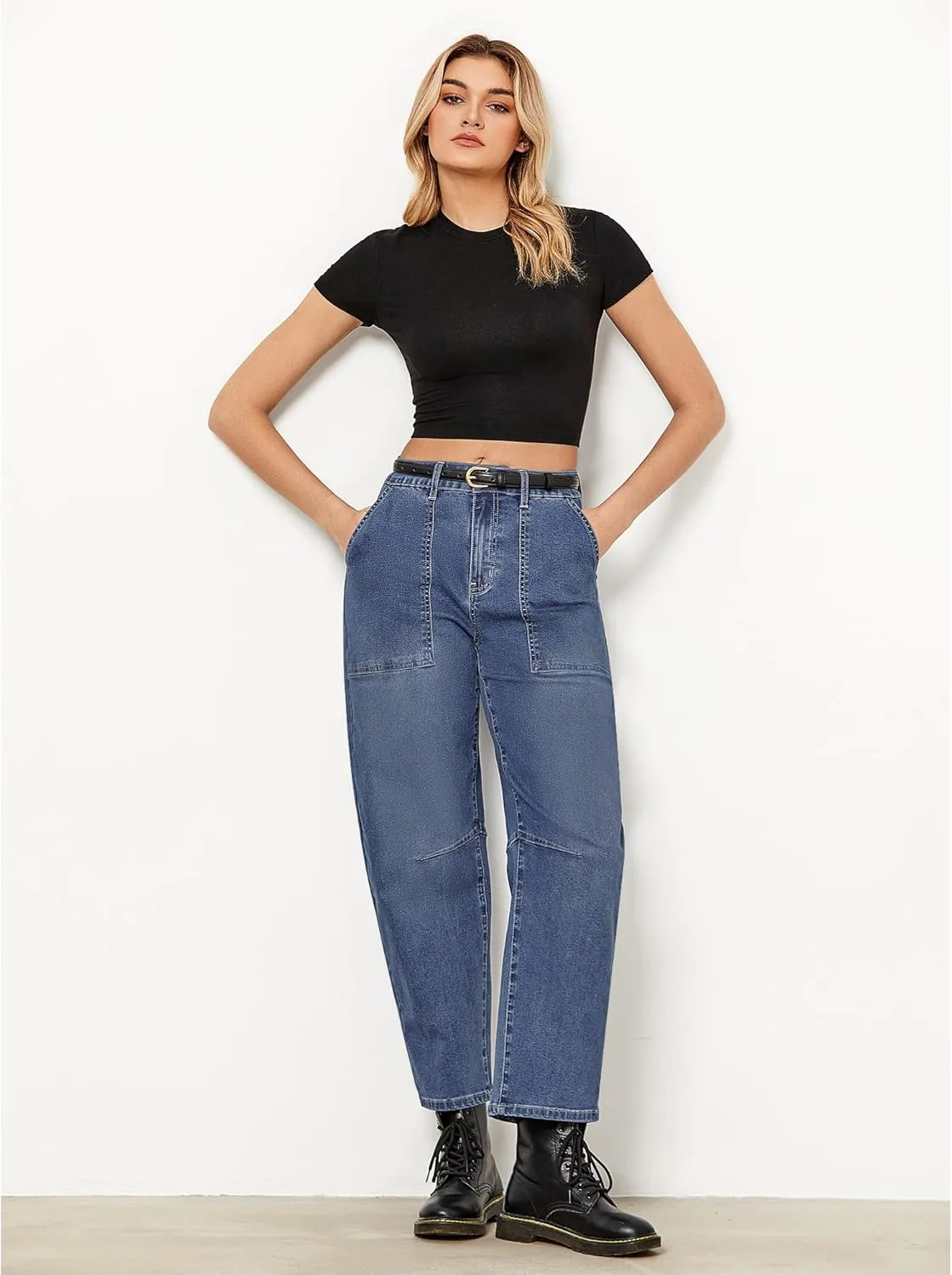 GRAPENT Barrel Jeans for Women High Waisted Trendy Wide Leg Baggy Ankle Length Stretchy Denim Trouser Jeans with Pockets