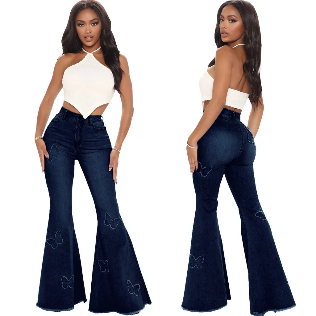 Gray Flared Jeans Women's High Waist Butterfly Print Denim Trousers Streetwear Flared Pants Lady Blue Jeans Denim Wide Leg Pants