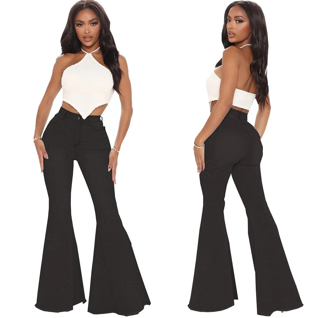 Gray Flared Jeans Women's High Waist Butterfly Print Denim Trousers Streetwear Flared Pants Lady Blue Jeans Denim Wide Leg Pants