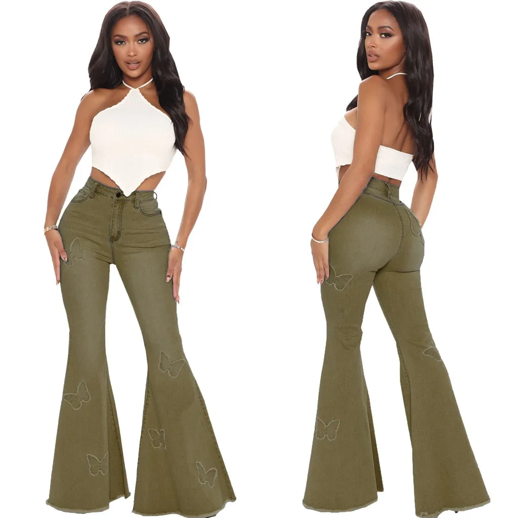 Gray Flared Jeans Women's High Waist Butterfly Print Denim Trousers Streetwear Flared Pants Lady Blue Jeans Denim Wide Leg Pants
