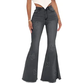 Gray Flared Jeans Women's High Waist Butterfly Print Denim Trousers Streetwear Flared Pants Lady Blue Jeans Denim Wide Leg Pants