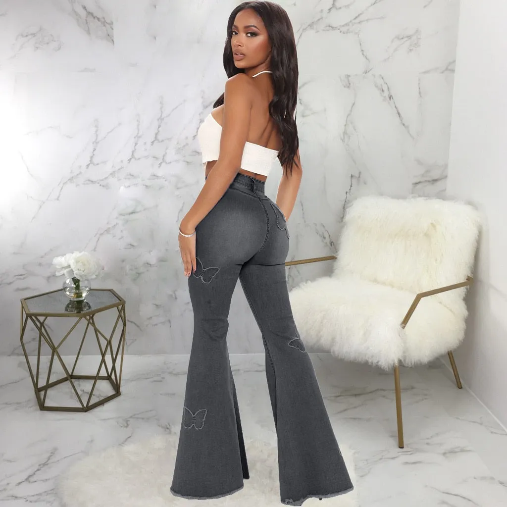 Gray Flared Jeans Women's High Waist Butterfly Print Denim Trousers Streetwear Flared Pants Lady Blue Jeans Denim Wide Leg Pants
