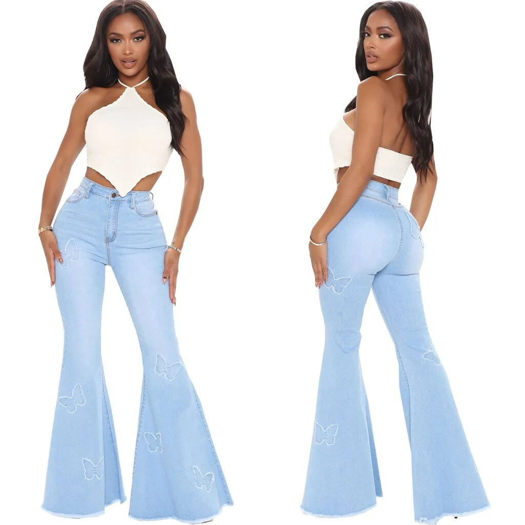 Gray Flared Jeans Women's High Waist Butterfly Print Denim Trousers Streetwear Flared Pants Lady Blue Jeans Denim Wide Leg Pants