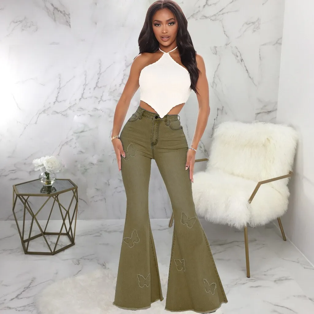 Gray Flared Jeans Women's High Waist Butterfly Print Denim Trousers Streetwear Flared Pants Lady Blue Jeans Denim Wide Leg Pants