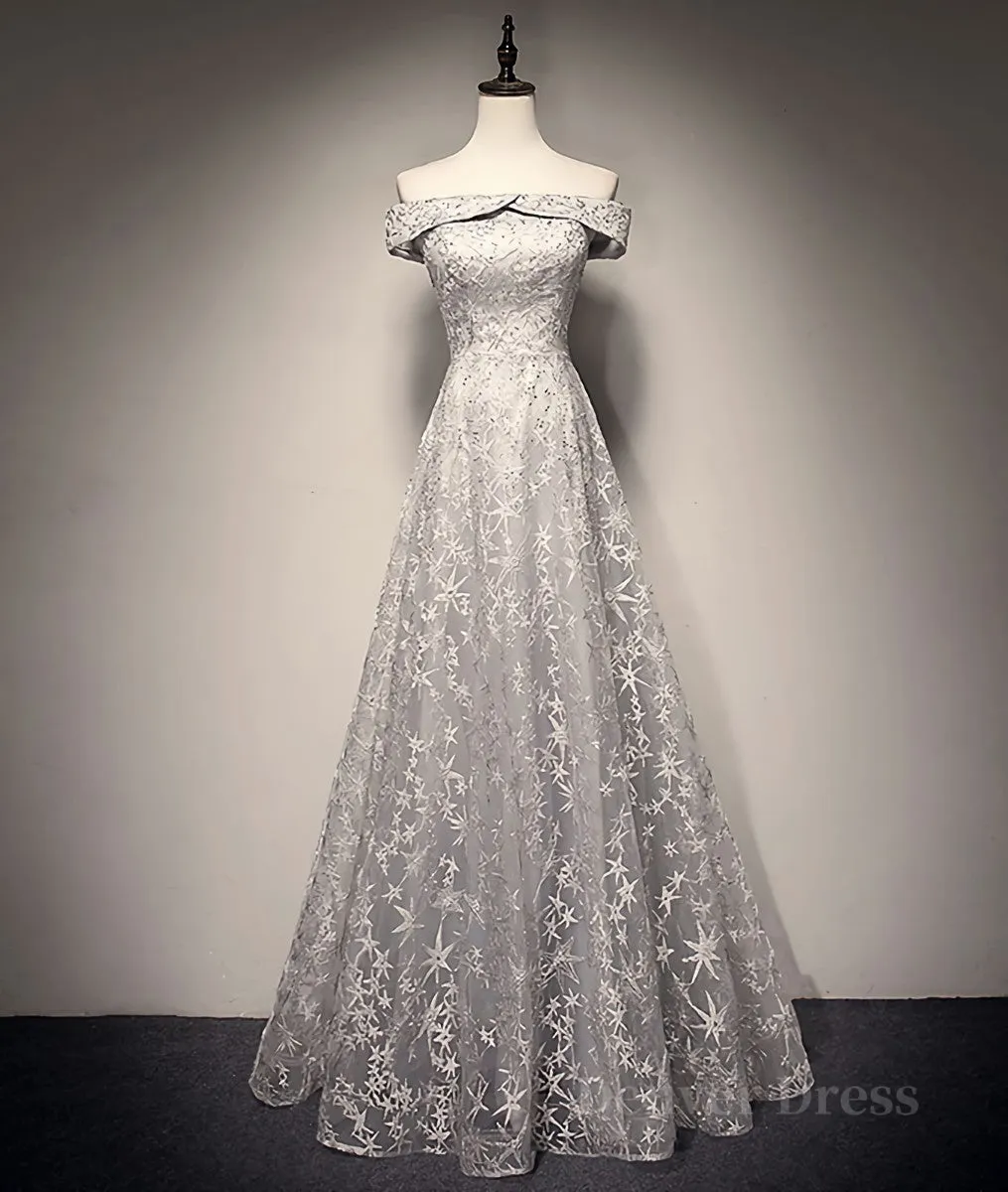 Gray tulle lace long prom dress lace tulle bridesmaid dress