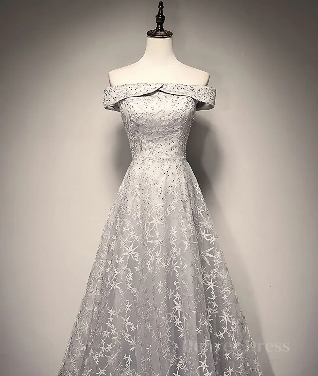 Gray tulle lace long prom dress lace tulle bridesmaid dress