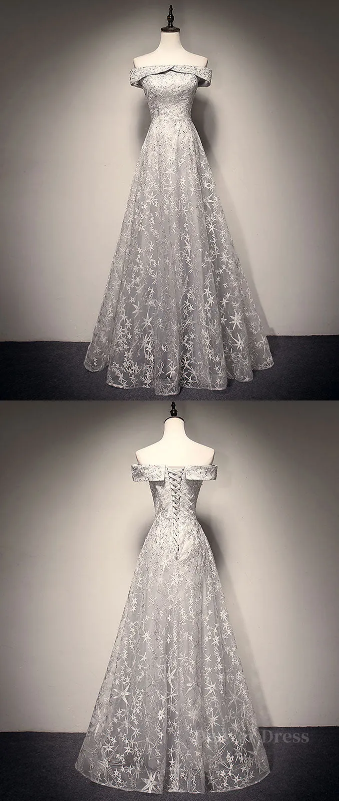 Gray tulle lace long prom dress lace tulle bridesmaid dress