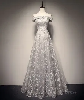 Gray tulle lace long prom dress lace tulle bridesmaid dress