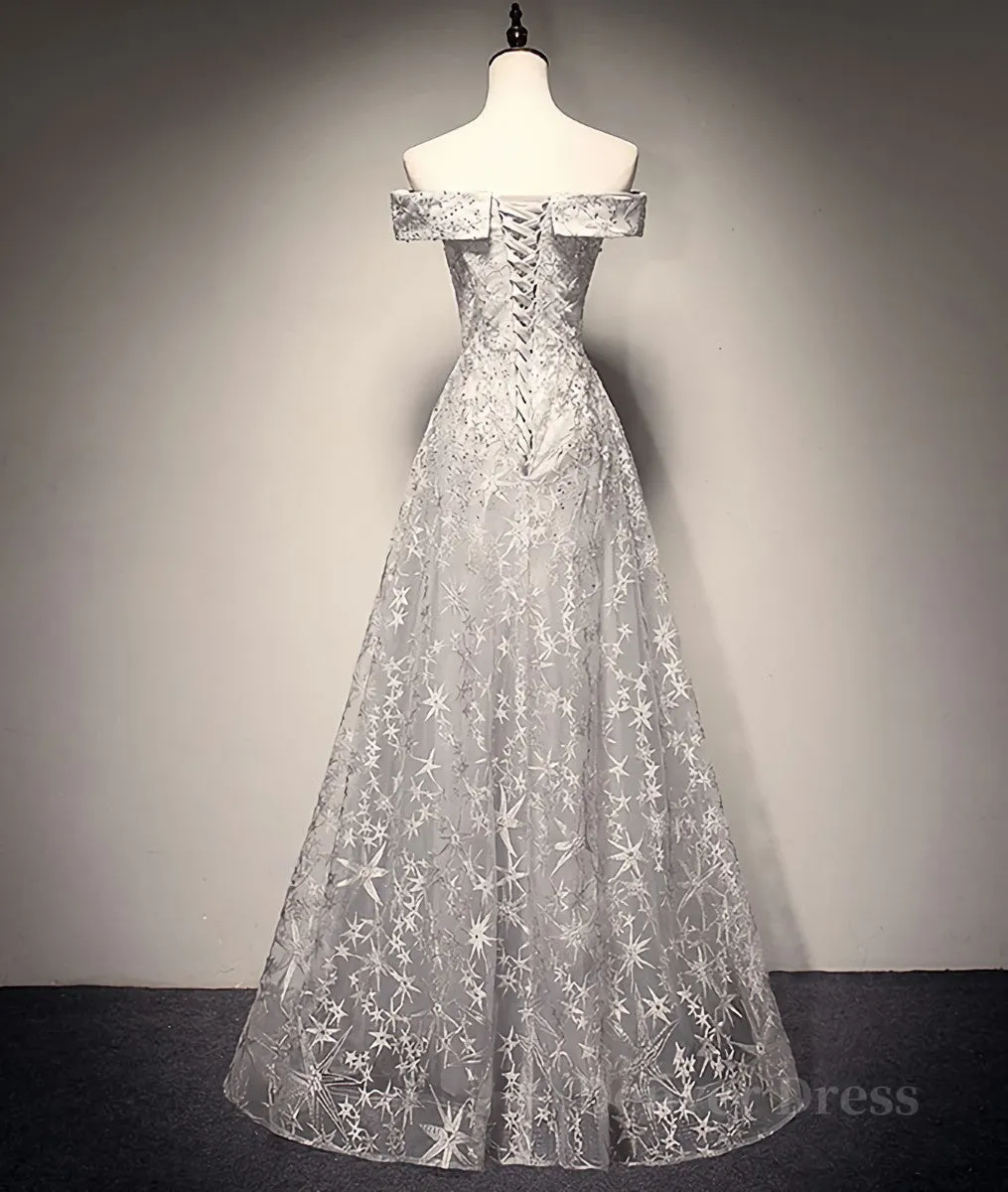 Gray tulle lace long prom dress lace tulle bridesmaid dress