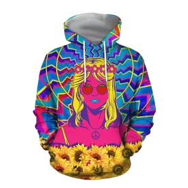 Hippie Girl With Sunflower Peace Sign All Over Printed Unisex Hoodie, Women Hippie Hoodie Hippie Gift For Her