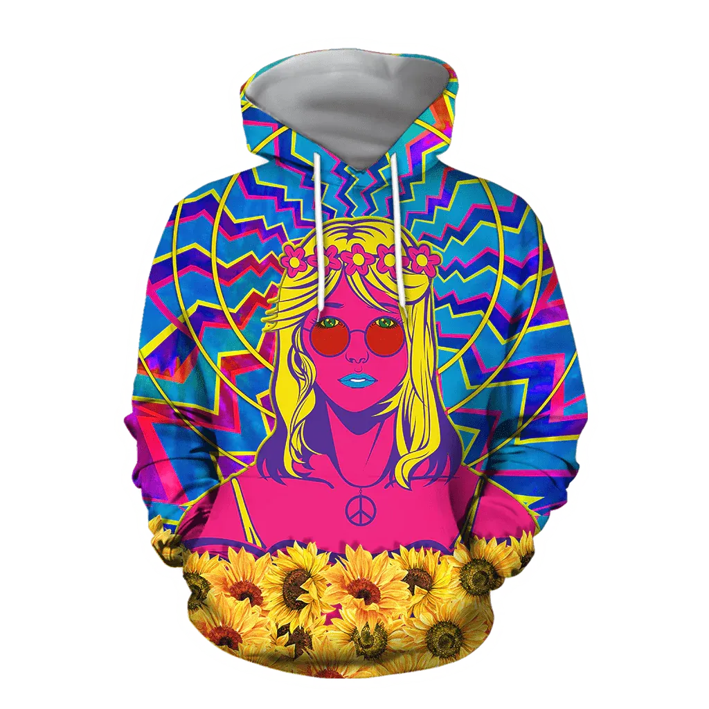 Hippie Girl With Sunflower Peace Sign All Over Printed Unisex Hoodie, Women Hippie Hoodie Hippie Gift For Her