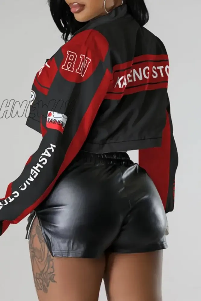 Hnewly - Black Casual Print Patchwork Mandarin Collar Outerwear