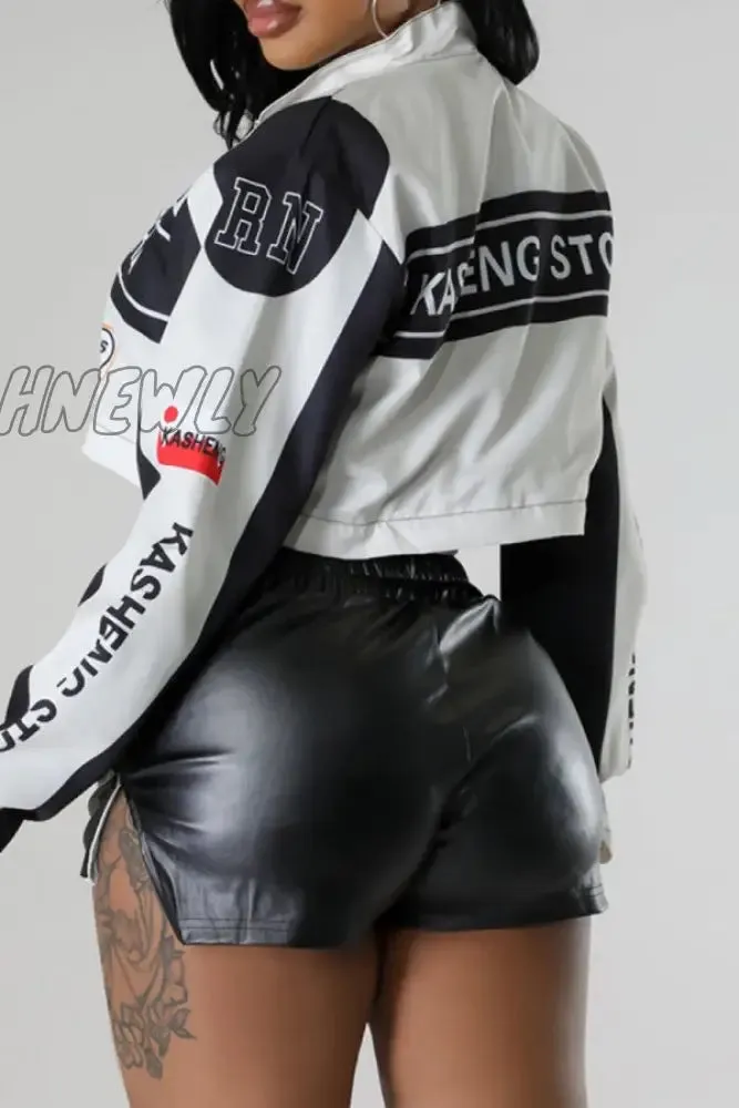 Hnewly - Black Casual Print Patchwork Mandarin Collar Outerwear
