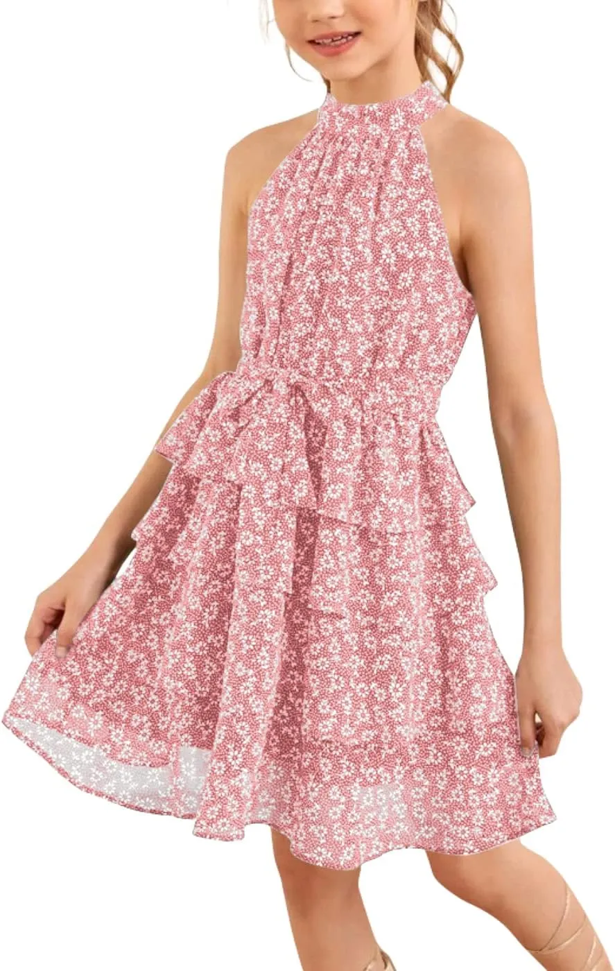 Imily Bela Girls Floral Ruffle Dress Halter Neck Kids Chiffon Summer Party Dress with Belt