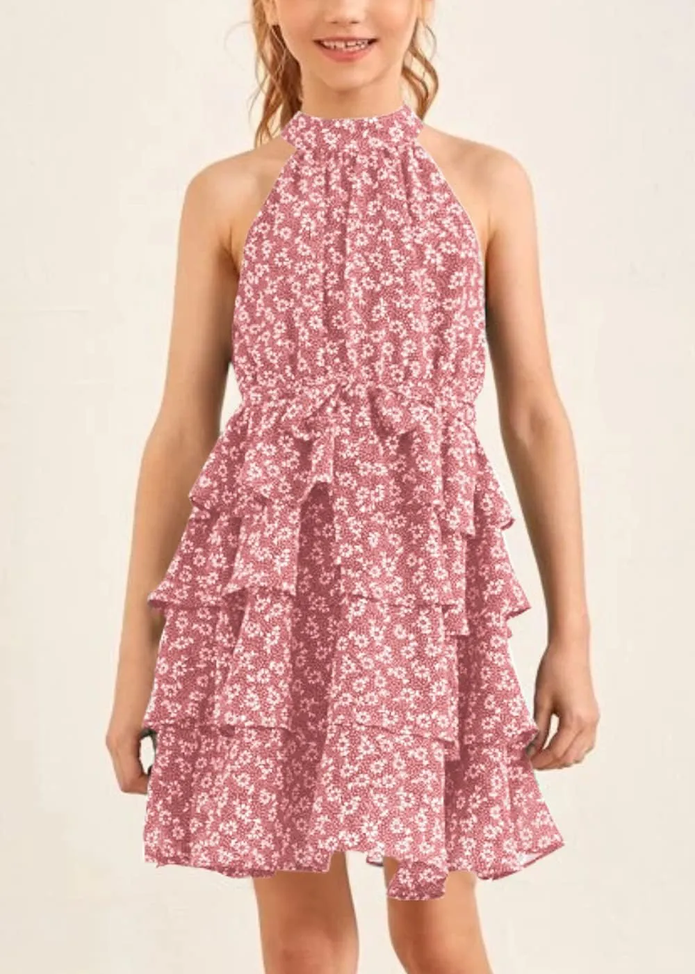 Imily Bela Girls Floral Ruffle Dress Halter Neck Kids Chiffon Summer Party Dress with Belt