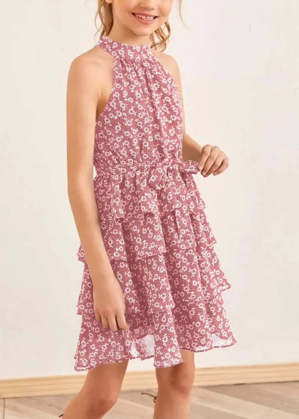 Imily Bela Girls Floral Ruffle Dress Halter Neck Kids Chiffon Summer Party Dress with Belt