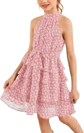Imily Bela Girls Floral Ruffle Dress Halter Neck Kids Chiffon Summer Party Dress with Belt
