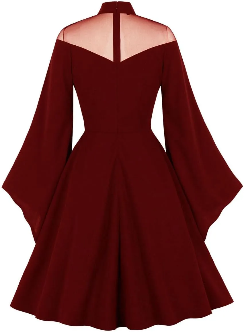 IWEMEK Women Mesh Long Sleeve Gothic Cocktail Vintage Dress Goth Sheer Illusion Panel Wedding Guest Evening Party Swing Dress