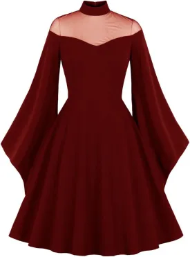 IWEMEK Women Mesh Long Sleeve Gothic Cocktail Vintage Dress Goth Sheer Illusion Panel Wedding Guest Evening Party Swing Dress