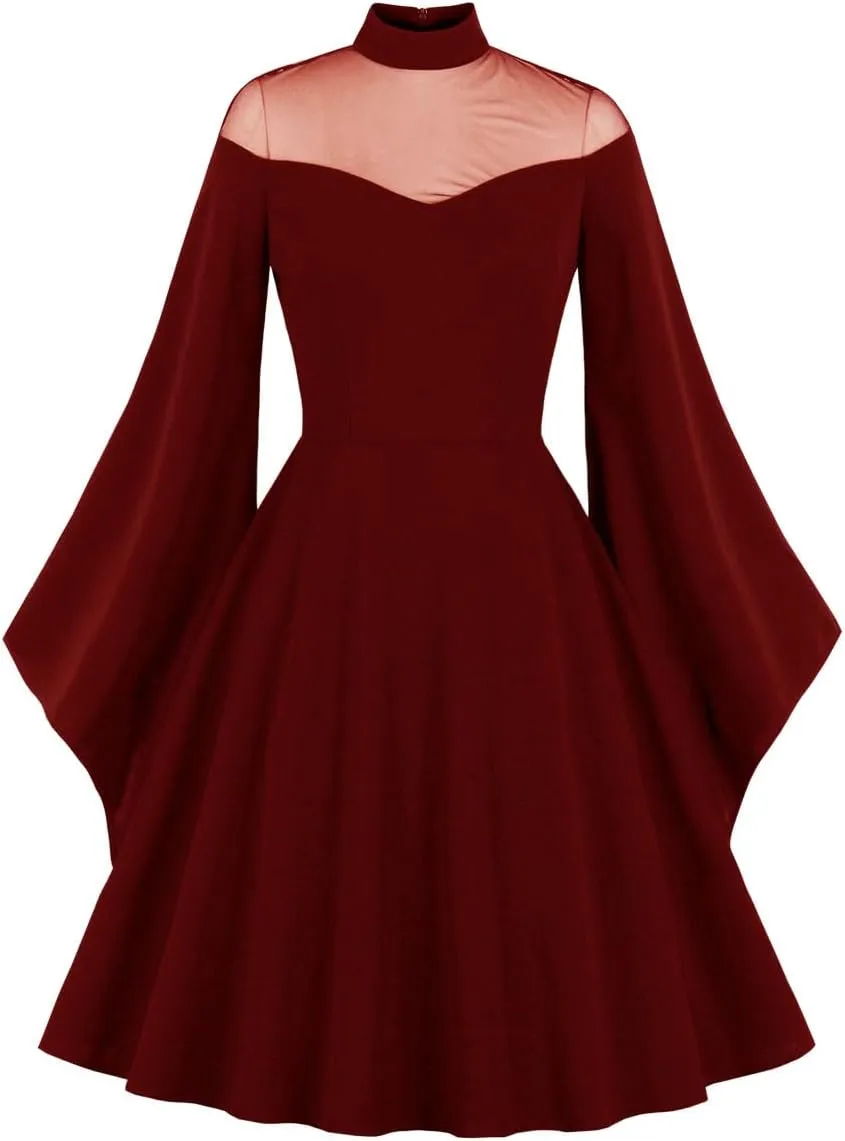 IWEMEK Women Mesh Long Sleeve Gothic Cocktail Vintage Dress Goth Sheer Illusion Panel Wedding Guest Evening Party Swing Dress