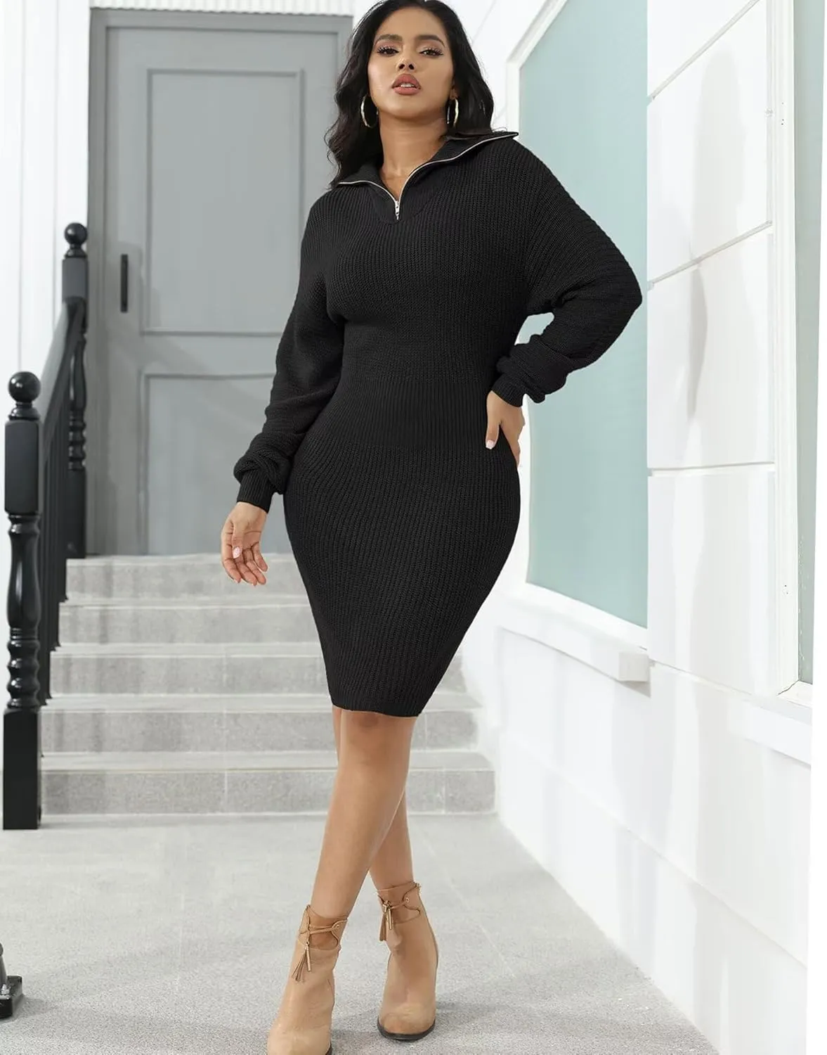 IyMoo Women's 2025 V Neck Ribbed Long Sleeve Bodycon Pullover Cute Mini Sweater Dress